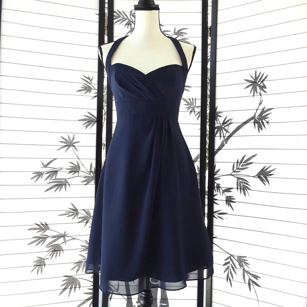 Vintage 2000s Alfred Angelo Navy Blue A Line Chiffon Halter Dress Size 2
